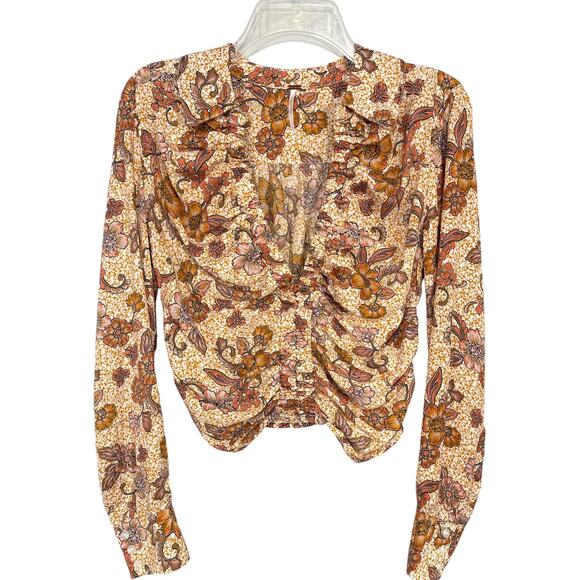 Free People Top I Got You Printed Floral Orange White Ruched Smocked V-Neck Sx S - Picture 2 of 11